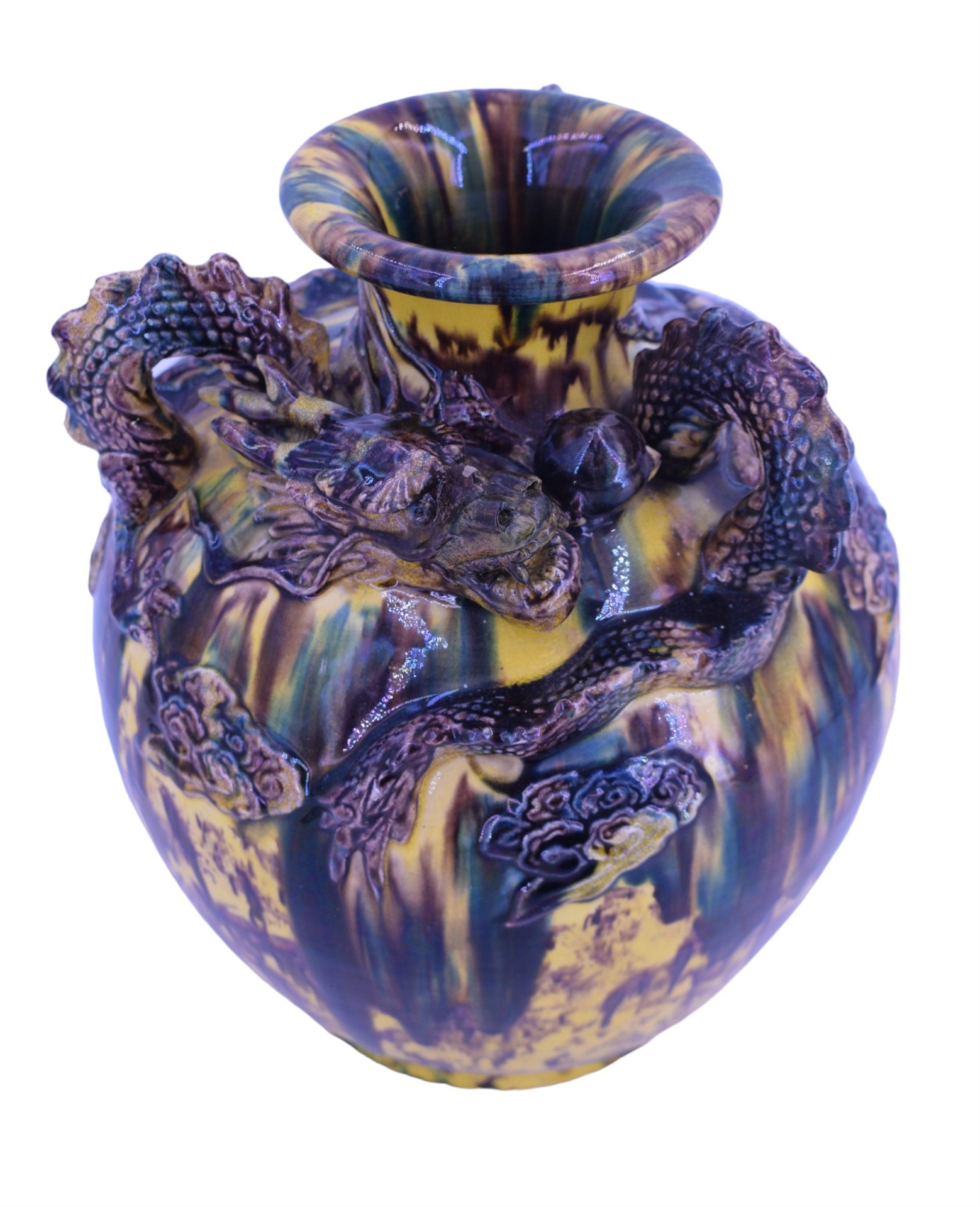 A Chinese Sancai glazed earthenware / stoneware dragon vase, of ovoid form with short flared neck, - Image 3 of 3
