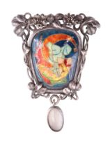 An early 20th Century Art Nouveau moonstone, enamel and white metal pendant, comprising a