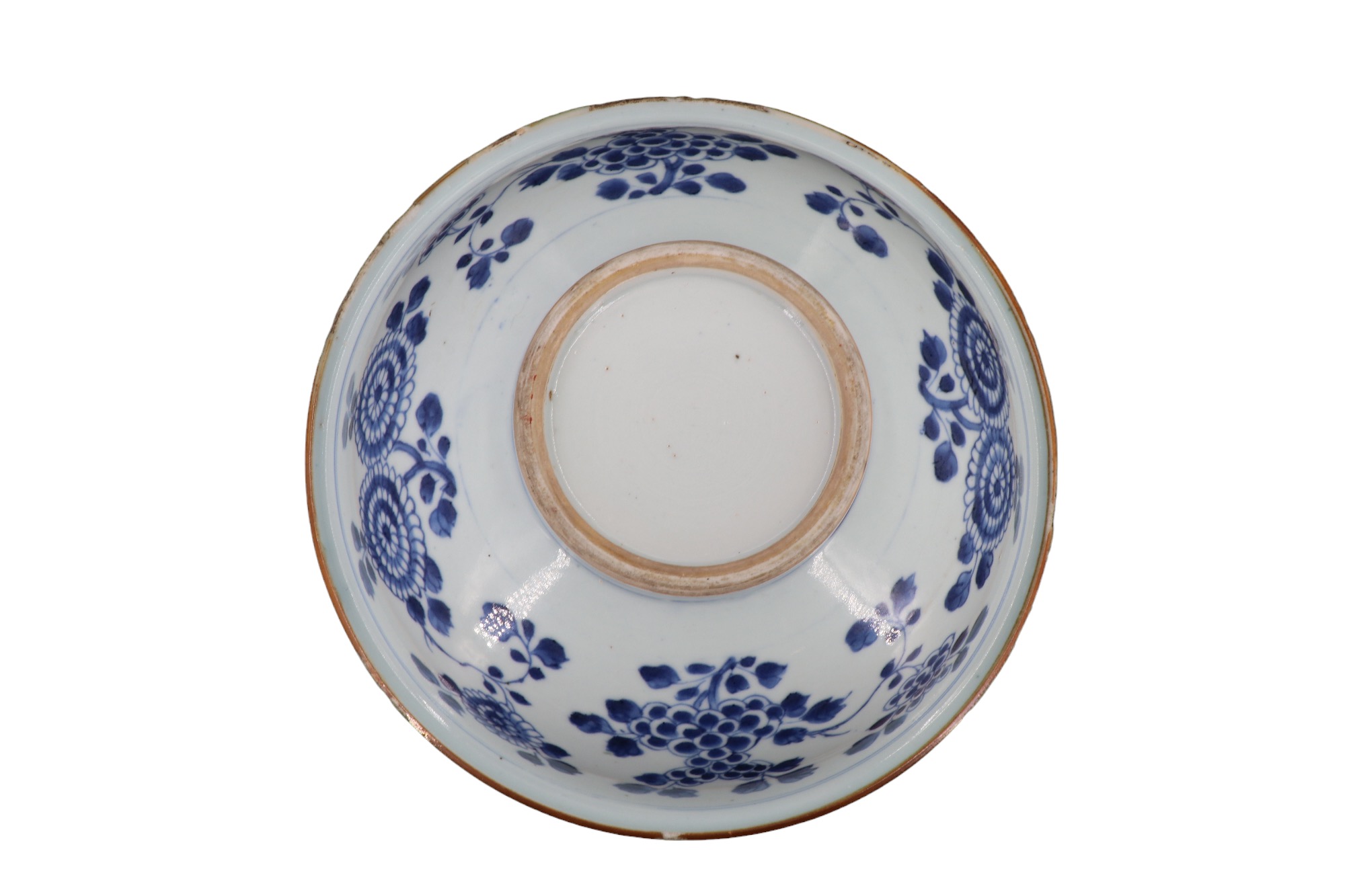 A late Quing Chinese blue-and-white porcelain bowl, circular with down-turned everted rim, decorated - Image 6 of 9