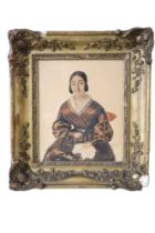 Jezanne (?) A semi naive portrait of a young woman holding blossom, watercolour, signed and dated