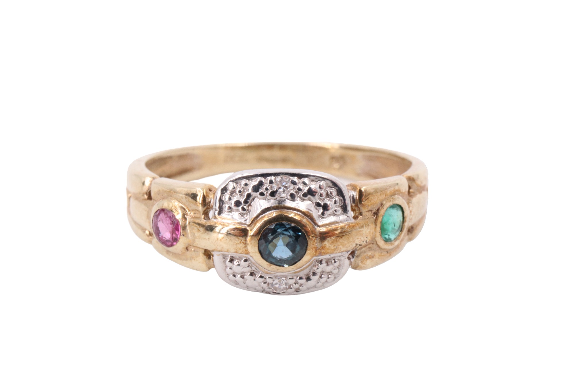 A three stone and diamond finger ring, having a bezel set sapphire between adorsed crescents each - Image 2 of 5