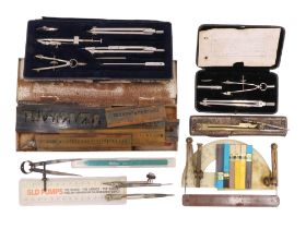 Various drawing instruments, compasses, rulers, etc