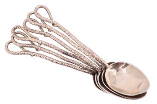 A set of six Scottish Victorian silver teaspoons, having entwined naturalistic stems, Glasgow, 1891,