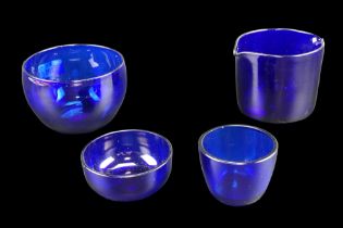 A free-blown Bristol style cobalt blue glass rinser together with three other bowls, rinser 9.5 x 13