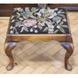 A reproduction early Georgian carved cabriole legged footstool, 43 x 53 x 38 cm