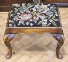 A reproduction early Georgian carved cabriole legged footstool, 43 x 53 x 38 cm