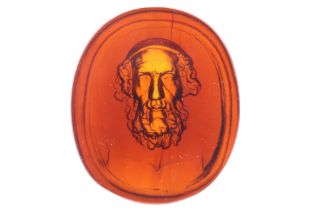 A Georgian Neo-Classical amber glass intaglio bust of Homer signed Marchant [Nathaniel Marchant], 34