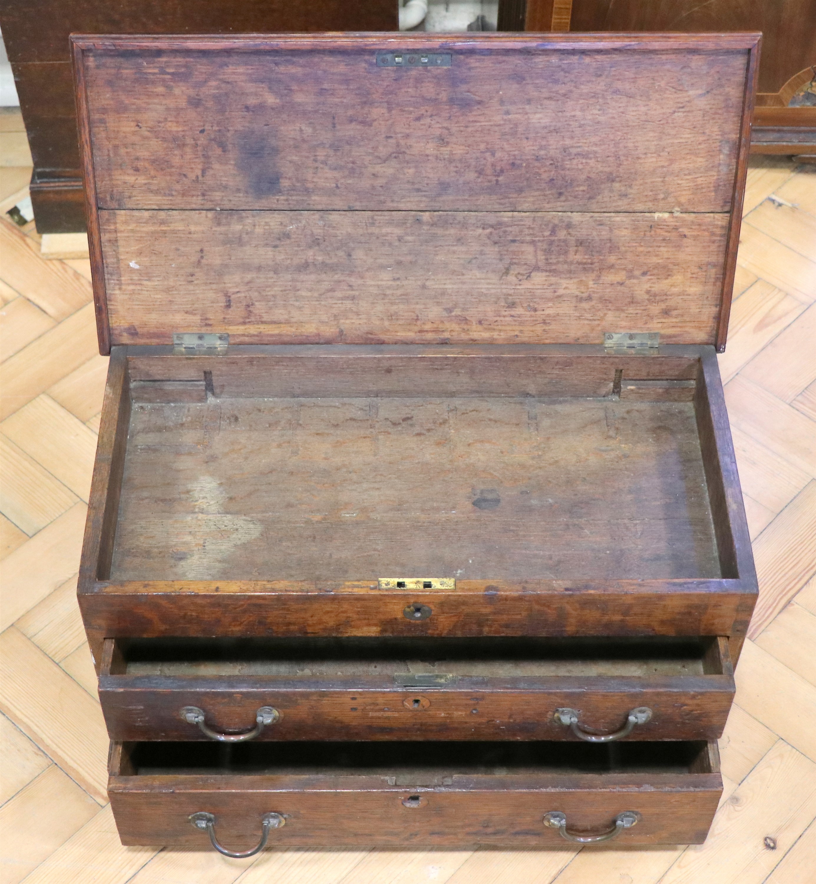 A Victorian diminutive tool / document / collector's chest, having hinged lid and brass bail - Image 2 of 3