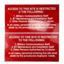 Two aluminium military communications site restricted access signs, 58.5 x 30.5 cm