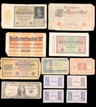 A group of Imperial and Weimar German banknotes including an Essen local issue 500,000 Marks and