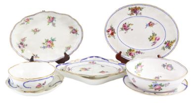 Seven 18th Century bowls and dishes in the Feuilles-de-Choux pattern by Sevres and one by Derby,