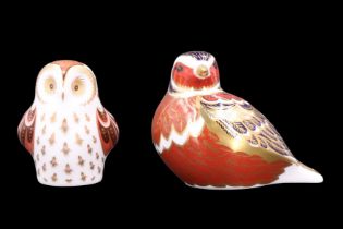 Two Royal Crown Derby paperweights comprising an 'Owlet' and a 'Chaffinch', having gold and silver