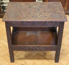 A Victorian Scottish carved mahogany occasional table, the carved top incorporating cross and