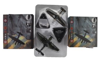 Four diecast model aircraft, including Avro Lancaster and Hawker Hurricane MK 1