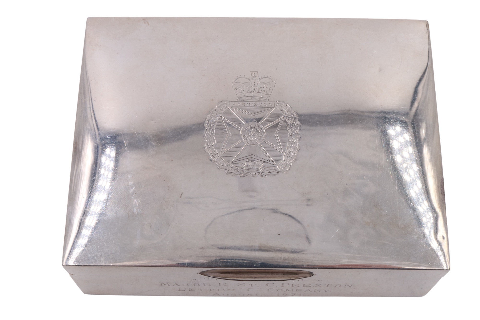 A British Army Royal Green Jackets regiment silver bound presentation table cigarette box, the - Image 2 of 5