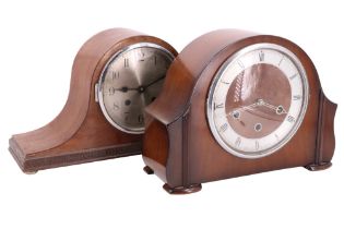 A 1940s / 1950s Smiths mahogany mantle clock, striking and chiming on gongs, together with a