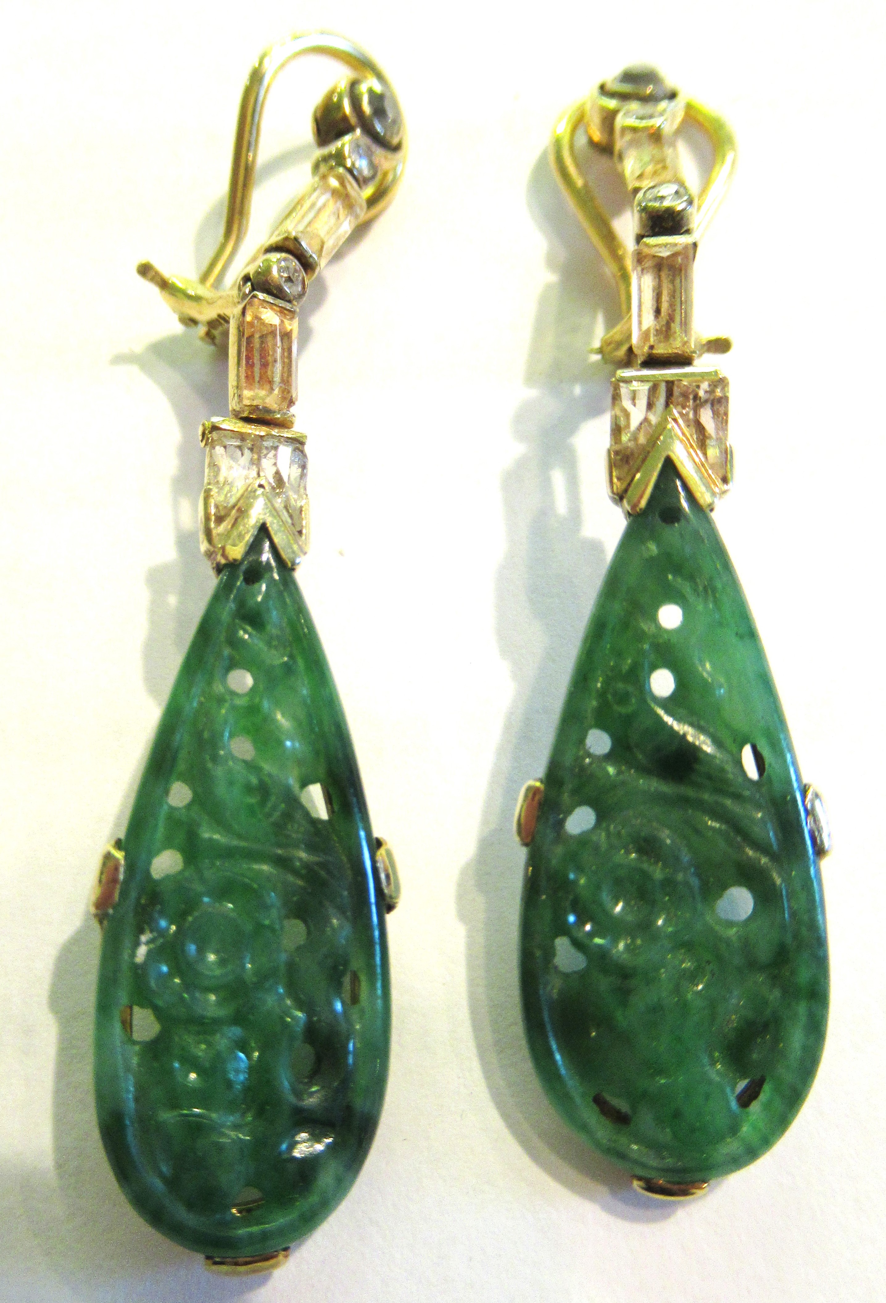 Pair of 18ct yellow gold diamond and carved jade drop earrings, 53mm in height, 8.8g