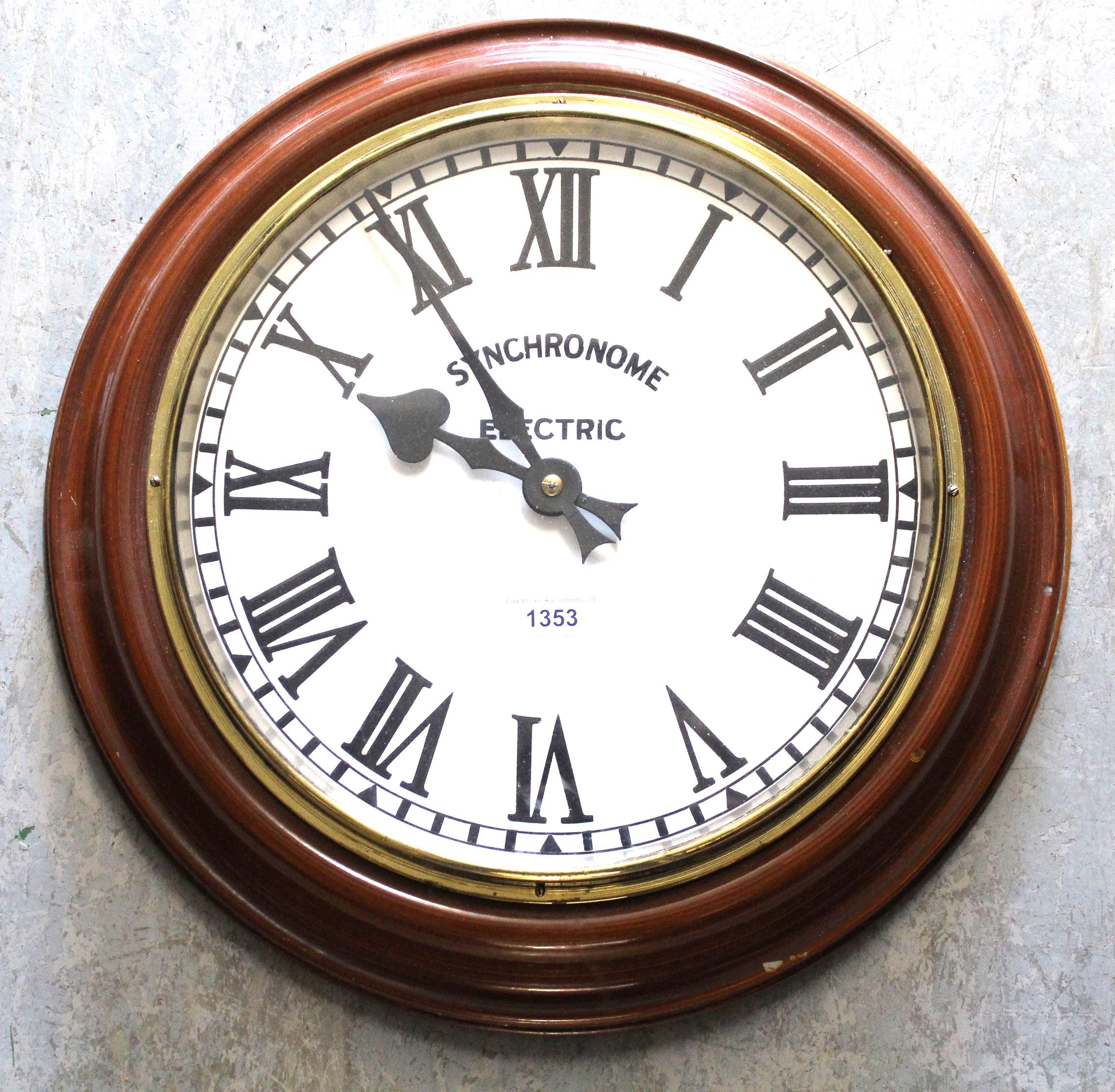 20th Century circular wall clock with metal faux wood frame, the later painted dial inscribed '