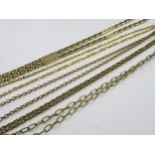 Two 9ct gold neck chains, 25g, together with two yellow metal neck chains, 10g and a gold plated