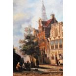 19th Century Continental oil on canvas, street scene with figures and distant church, 26cms x 22cms,