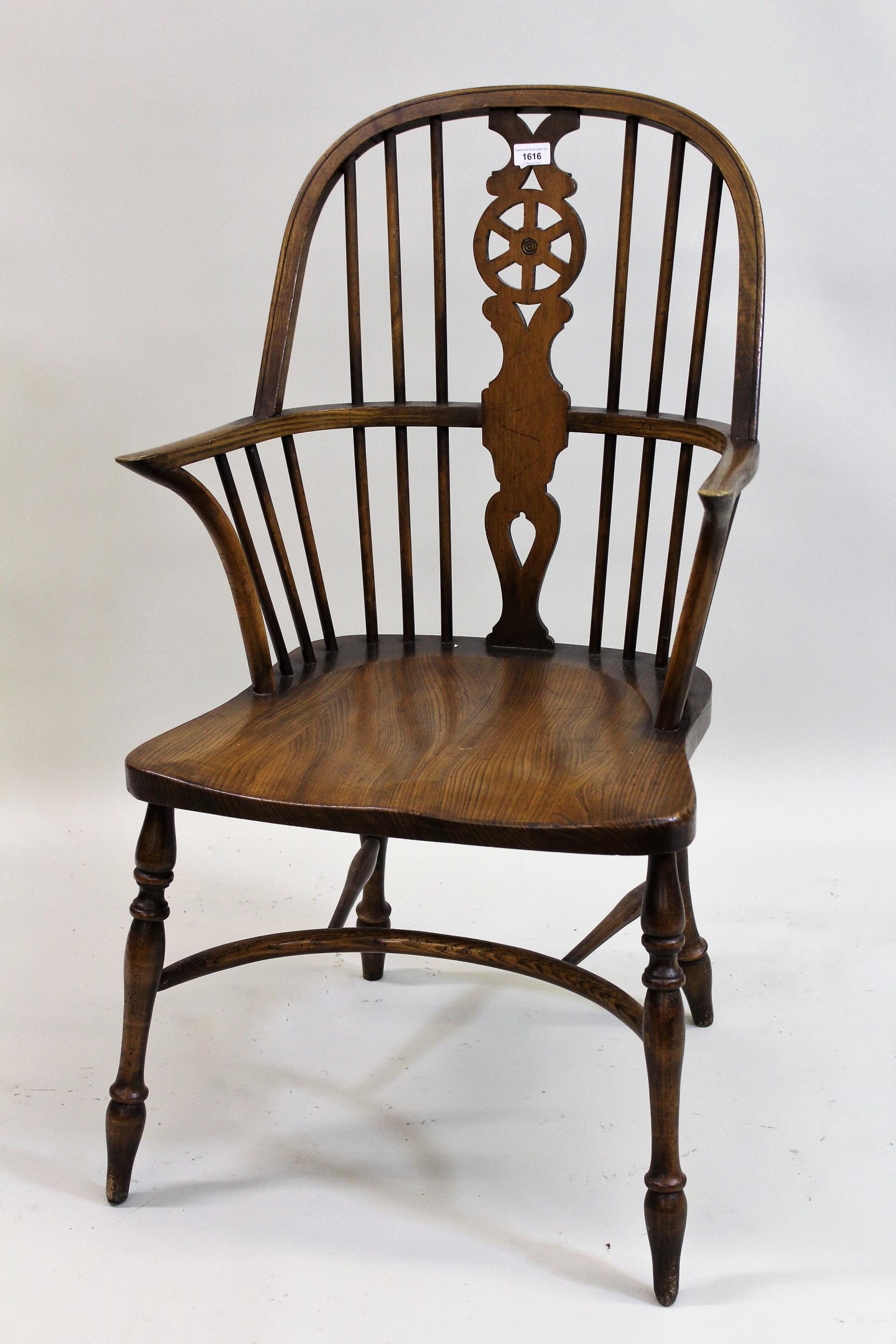 Reproduction ash and elm, wheel and stick back Windsor chair, together with a similar bar stool