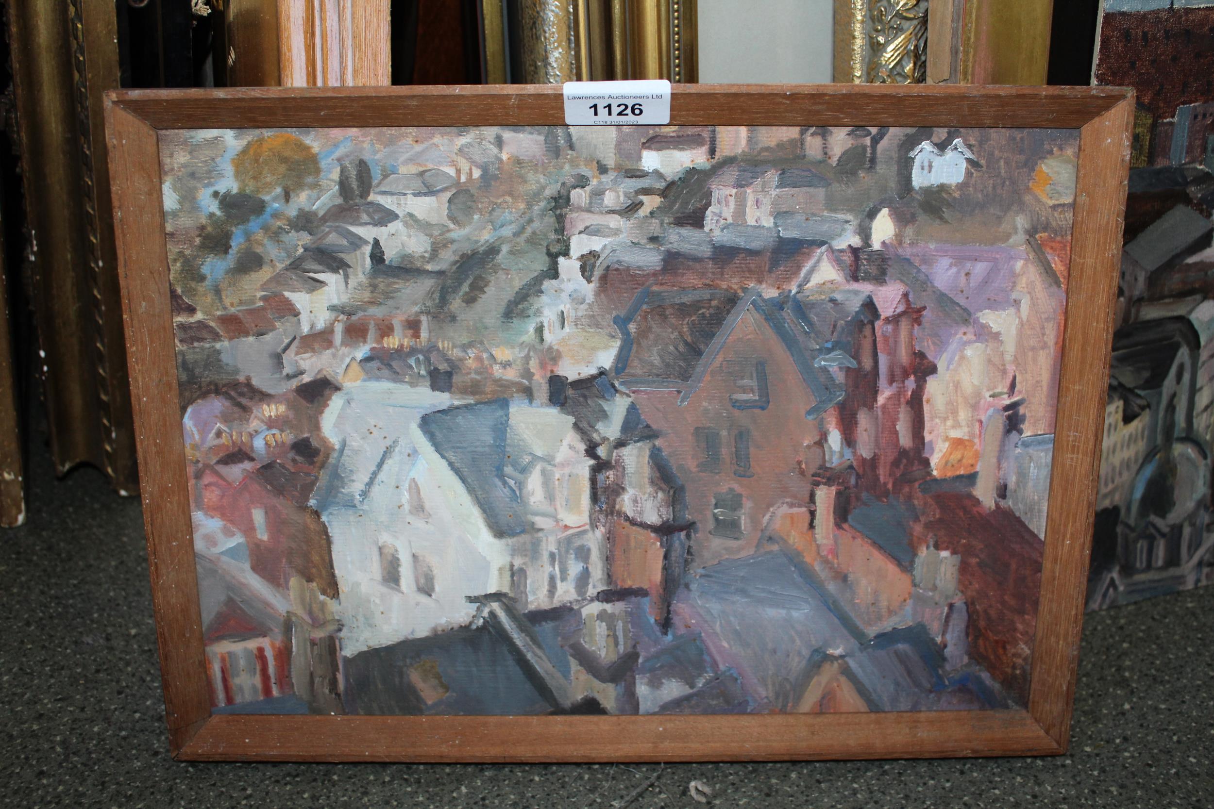 Modern British school, oil on board, view across an urban landscape, inscribed verso' Hastings ', - Image 2 of 3