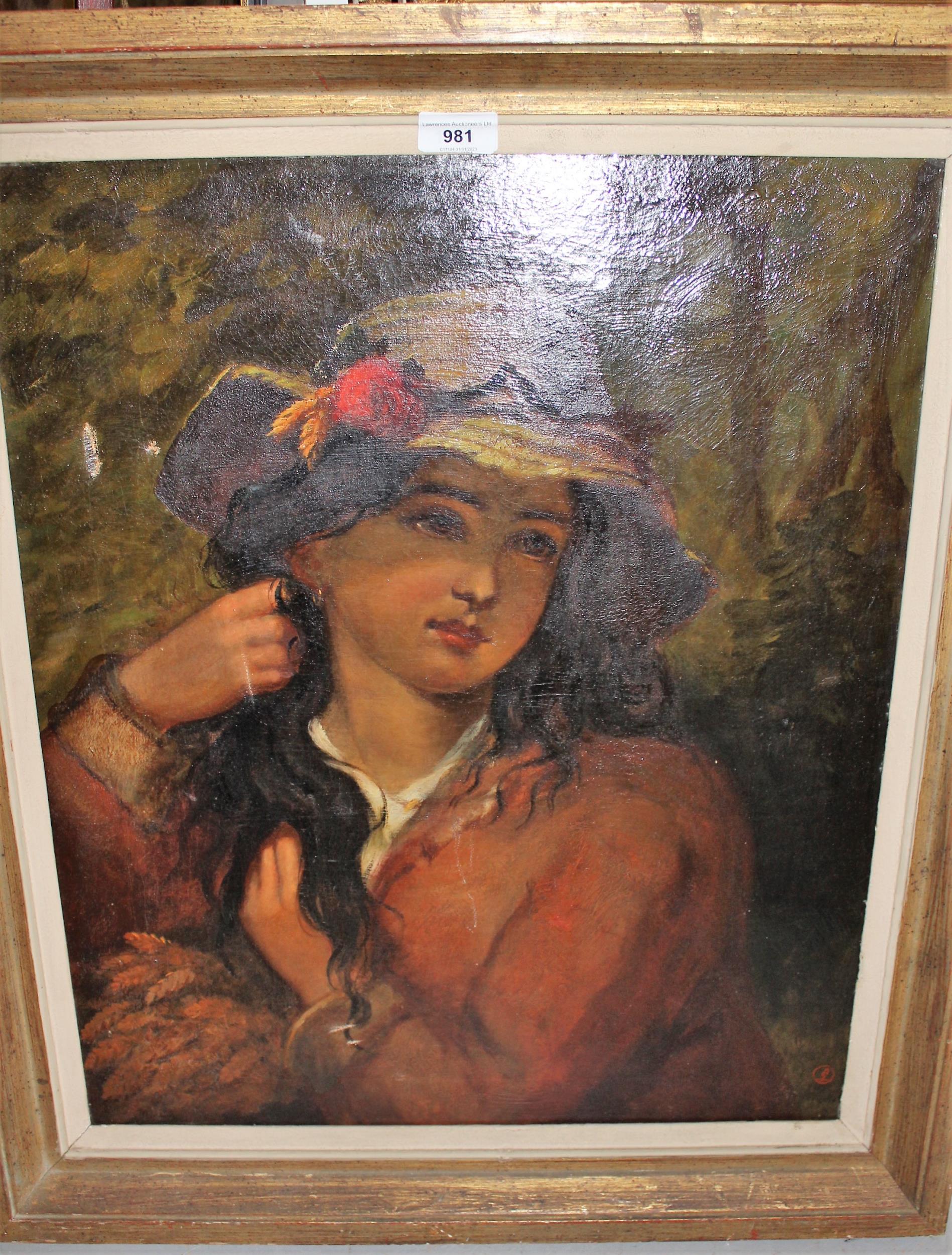 19th Century oil on canvas, portrait of a girl wearing a straw hat, signed with monogram, 58cms x - Image 2 of 2