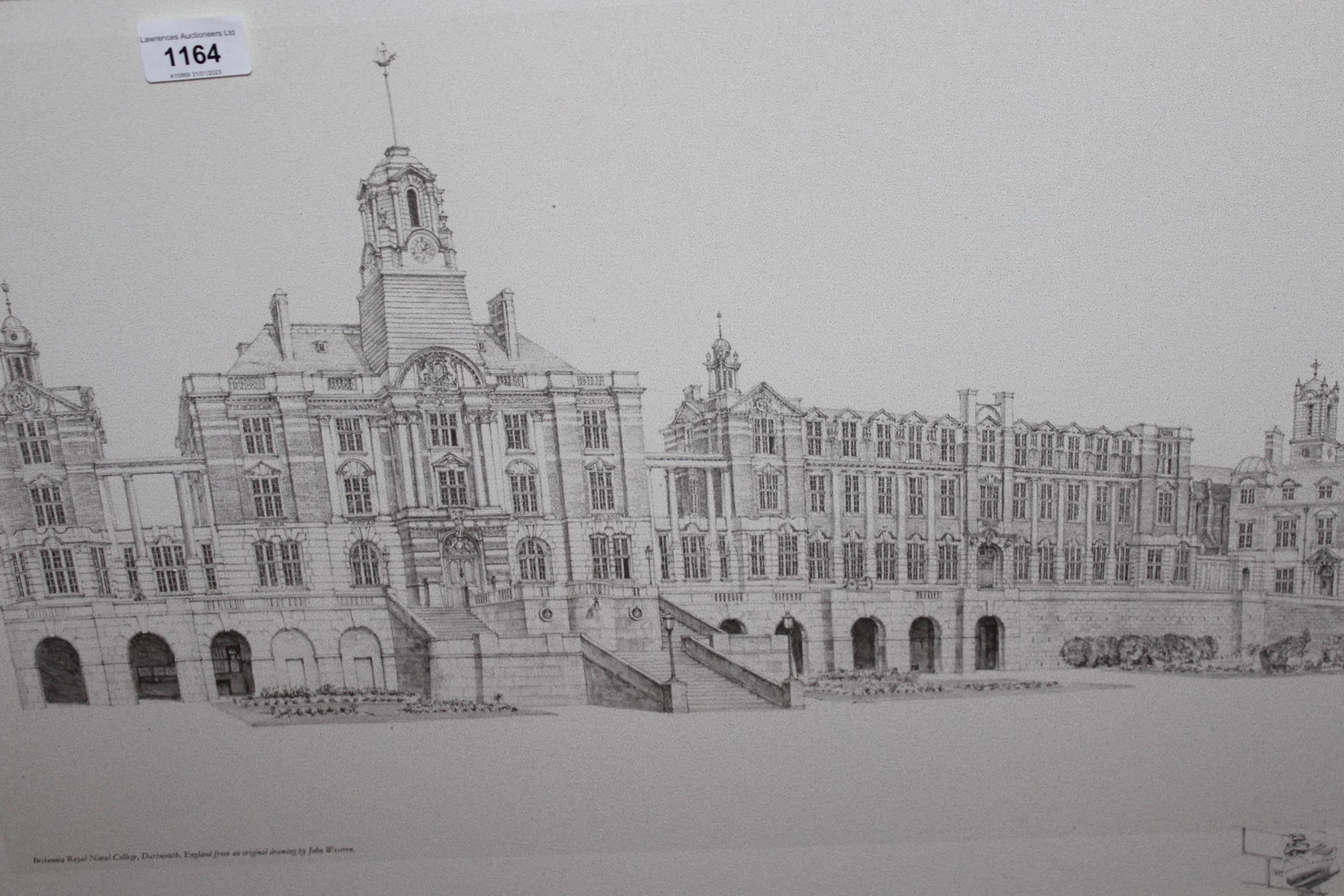 John Weston, black and white print of Britannia Royal Naval College at Dartmouth, signed in pencil