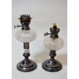 Two silver plated miniature oil lamps with cut glass wells, (lacking tops) No cracks to either, just