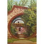 20th Century oil on board, garden scene looking through a circular brick gateway, monogrammed E.P,