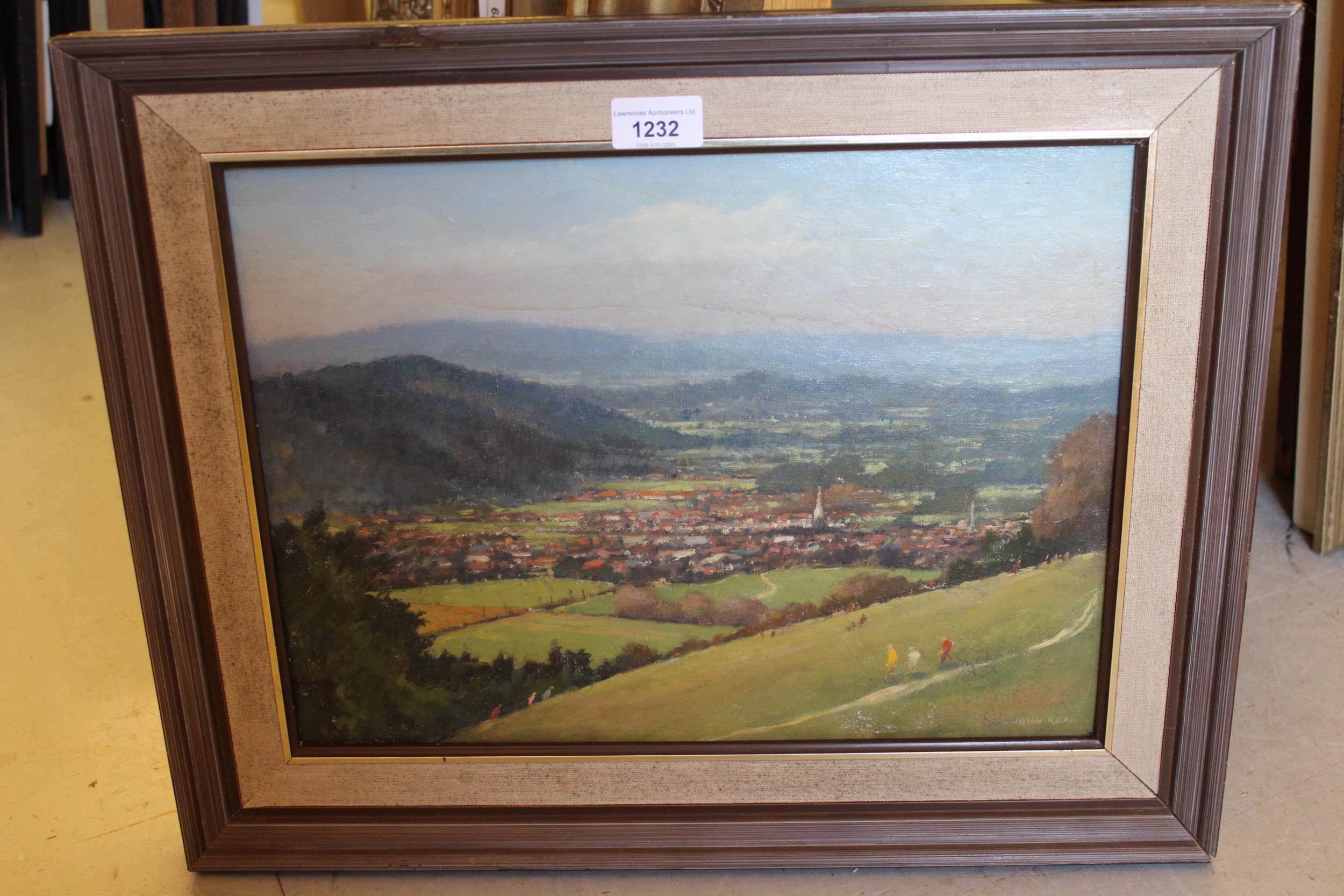 John Real, signed oil on canvas board, landscape with figures on a hillside, inscribed verso ' - Image 2 of 2