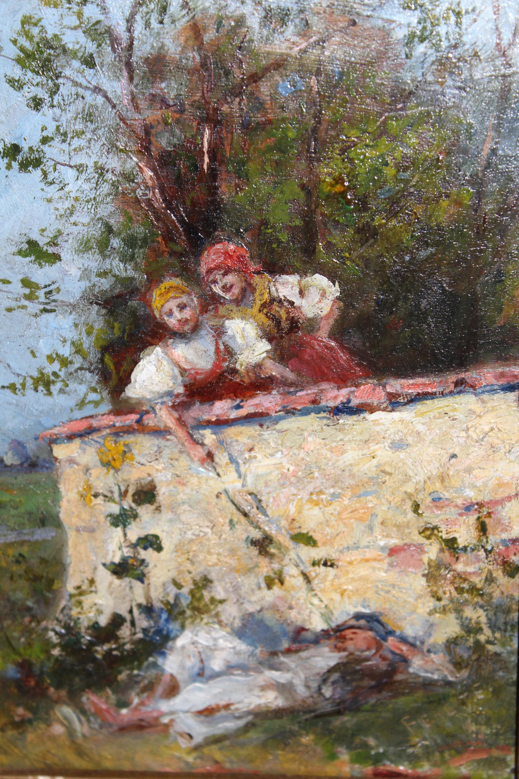 Oil on board, ' Making Mischief ', figures in a landscape, signed Fekete, 19cms x 13cms, gilt and