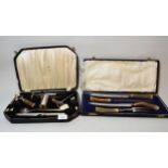 Cased horn handled carving set, together with a cased Viners silver plated cocktail set