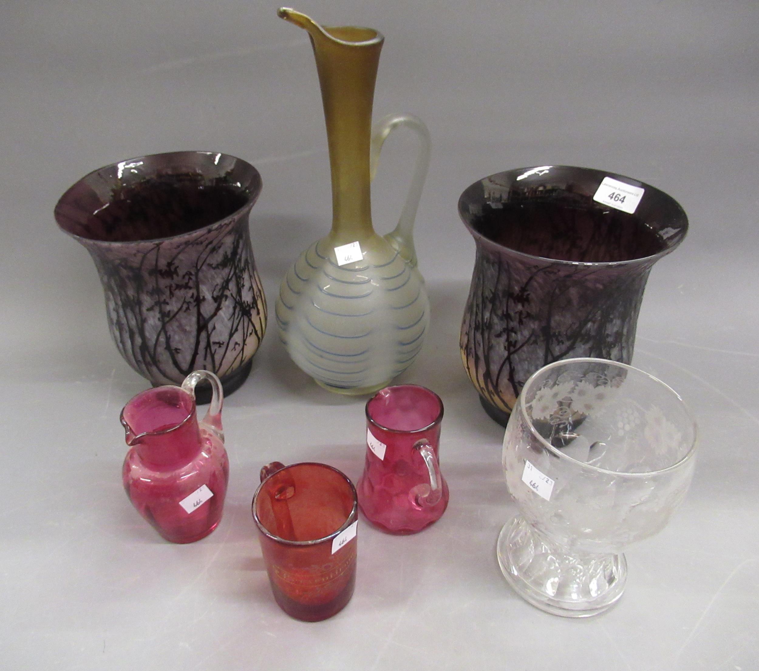 Pair of modern amethyst cameo glass baluster form vases, 20cms high, together with a large 19th