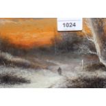 Oil on card, figure in a sunset winter landscape, 13cms x 28cms, together with a watercolour view of