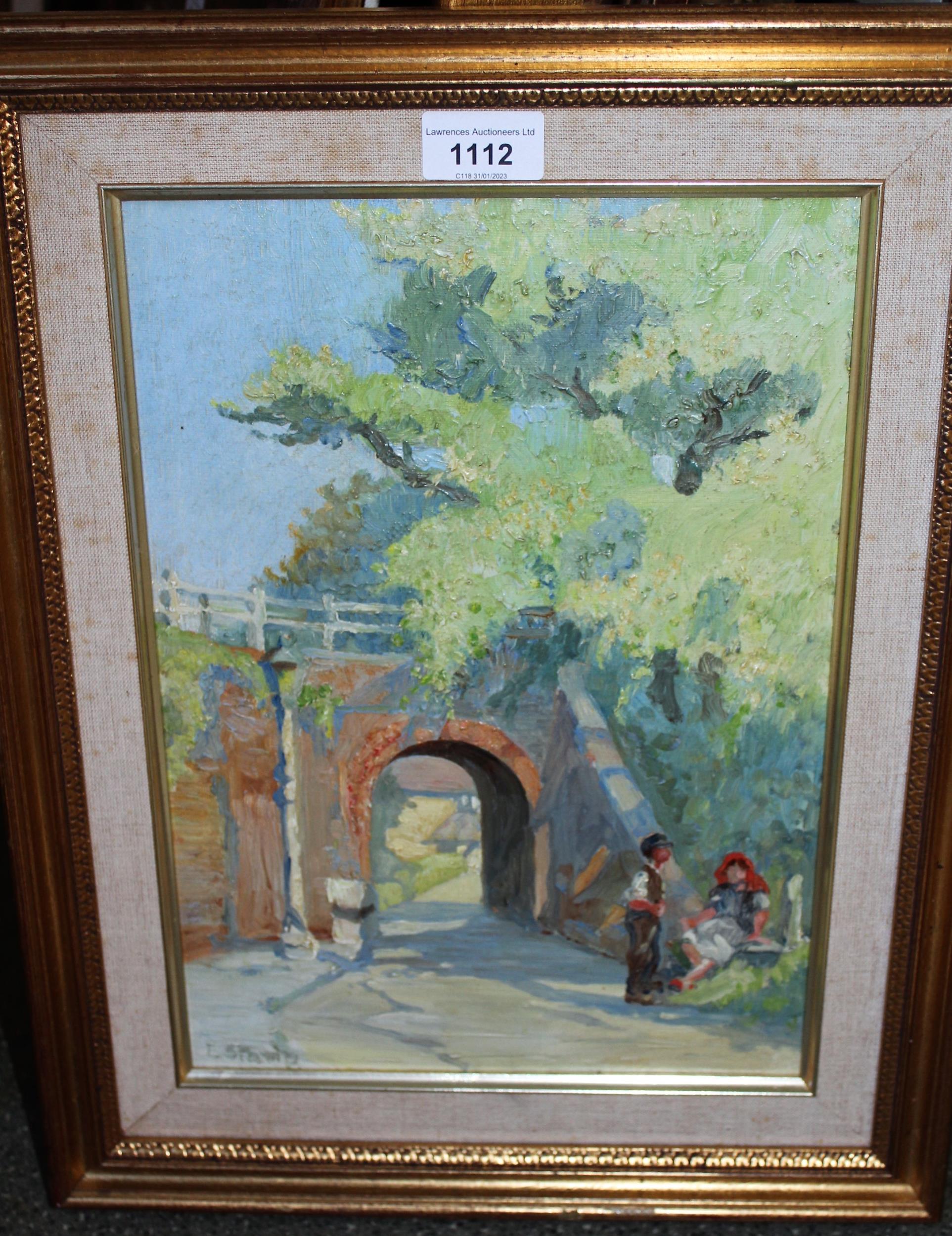 E. Stamp, signed oil on canvas board, landscape with two figures near a bridge, 33cms x 24cms - Image 2 of 2