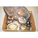 Silver plated three piece tea service, plated entree dish and cover and sundries