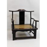 Pair of 20th Century Chinese elm and black lacquer yoke back armchairs, the rattan seats with button