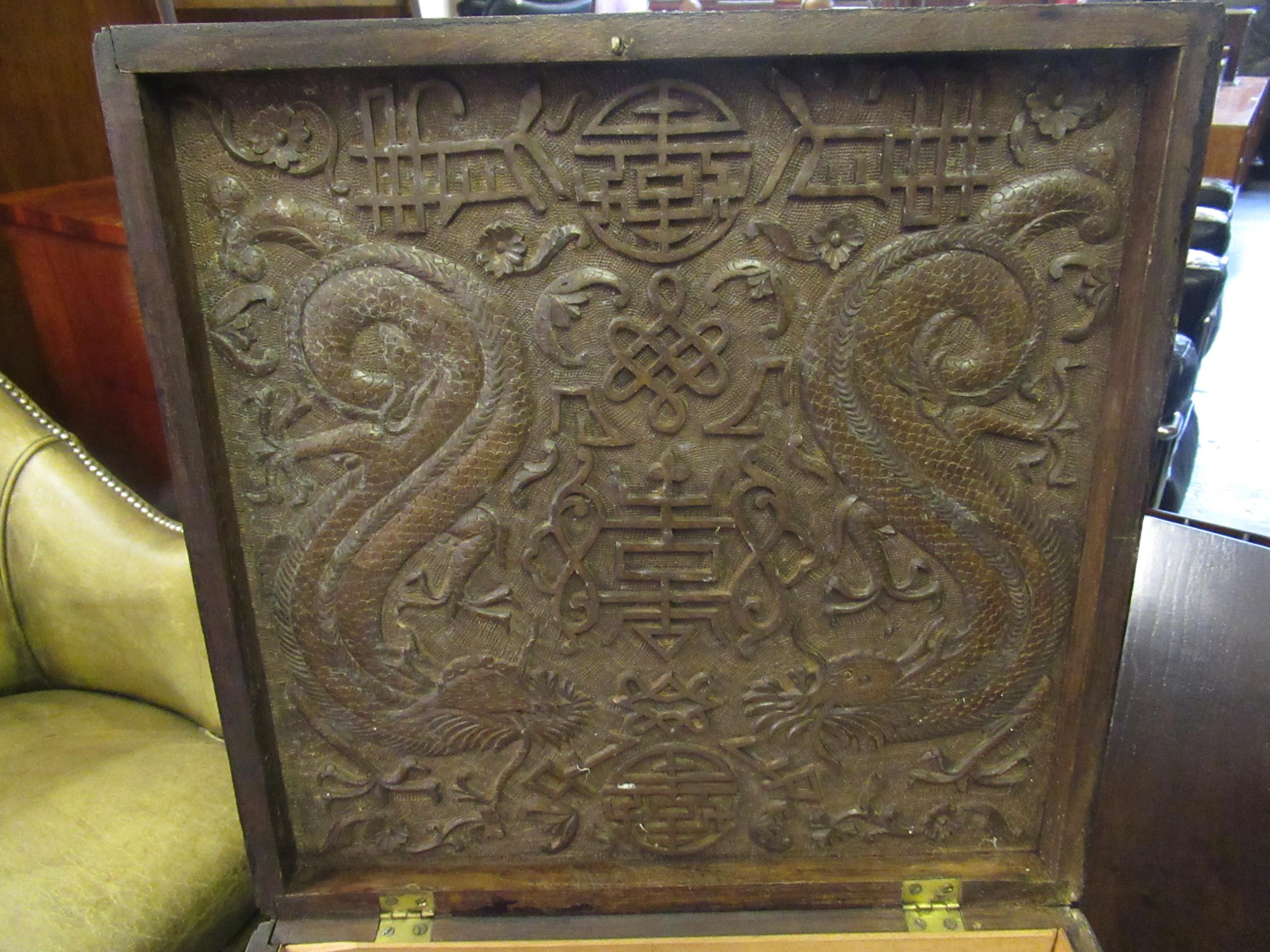 19th Century Chinese hardwood square box, all-over carved with dragons and other motifs, 38cms - Image 8 of 8
