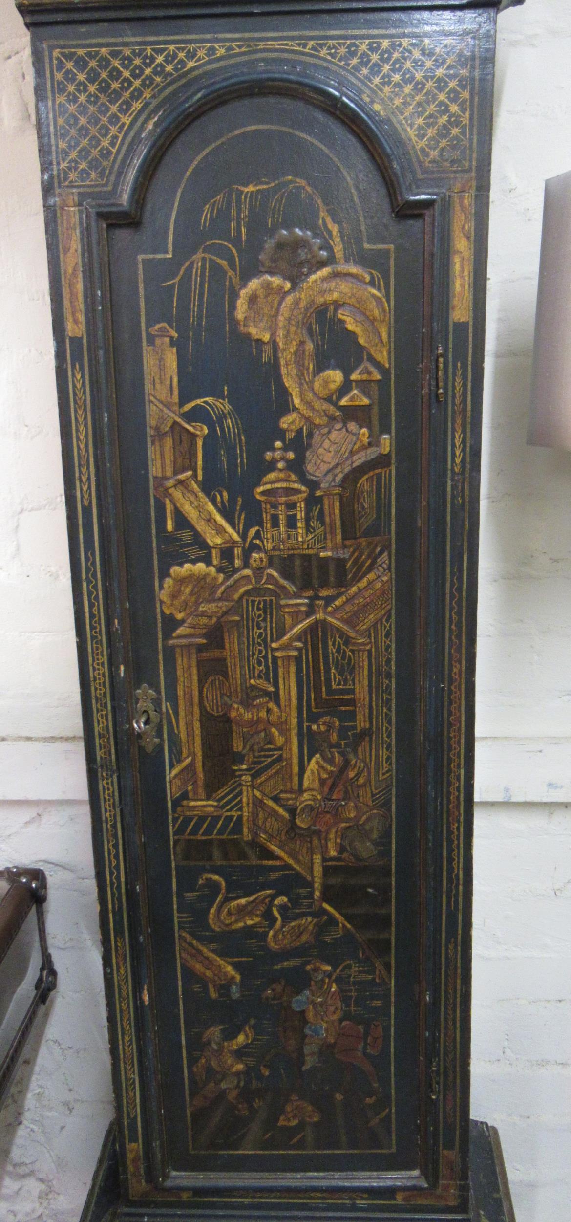 John Hewkley, 18th Century chinoiserie longcase clock, the pagoda top hood enclosing a brass dial - Image 7 of 20