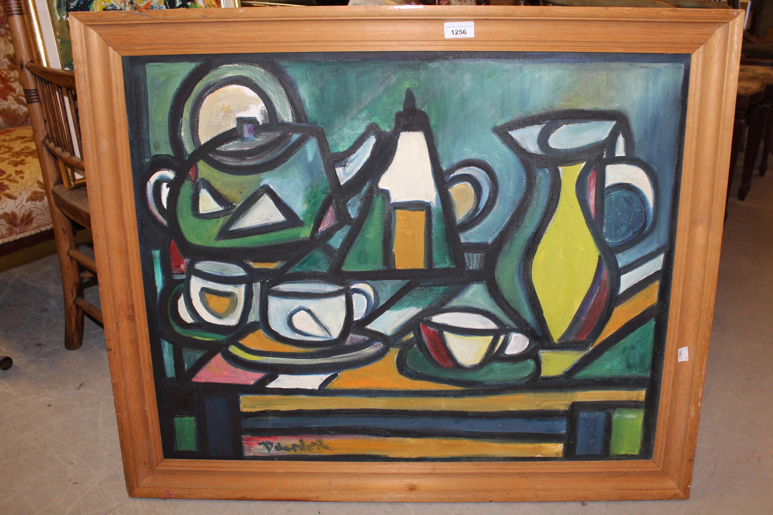 Philip Duerdoth, cubist style oil on canvas, still life of various tea ware, signed and inscribed - Image 2 of 2