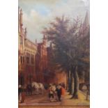 20th Century oil on metal, Continental street scene with figures in period costume, signed