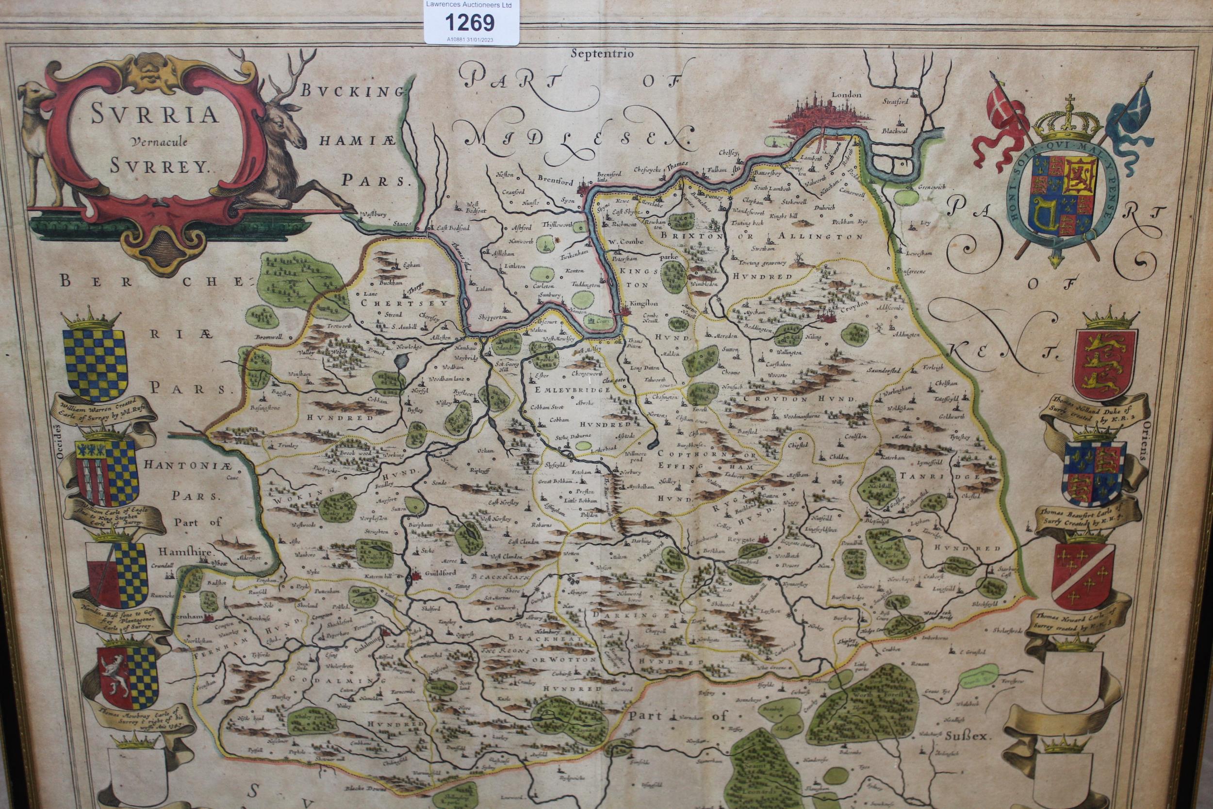 Antique hand coloured map of Surrey, framed, 42cms x 52cms