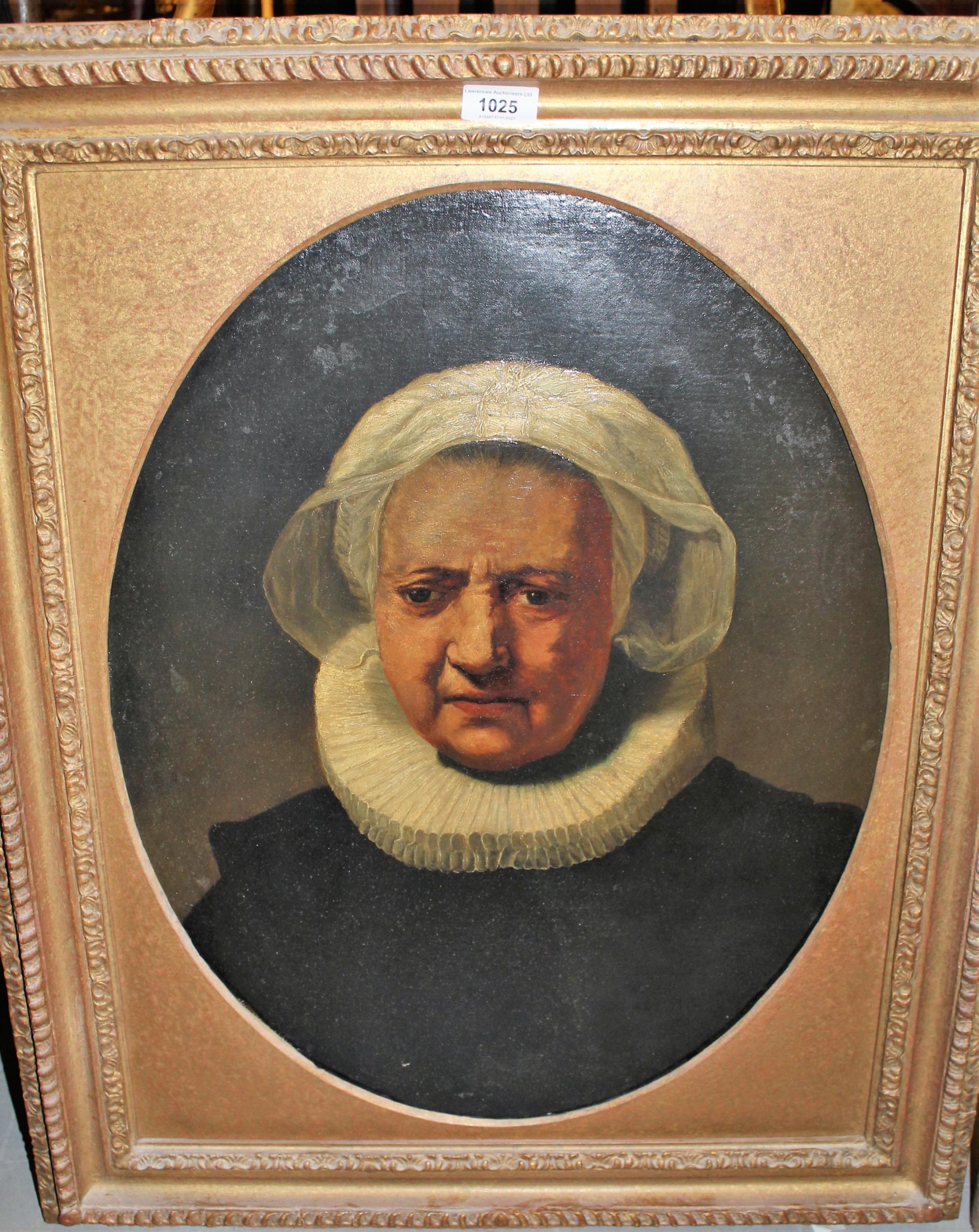After Rembrandt, oil on board, portrait, 59cm x 45cm, oval mounted and gilt framed, together with an - Image 2 of 4