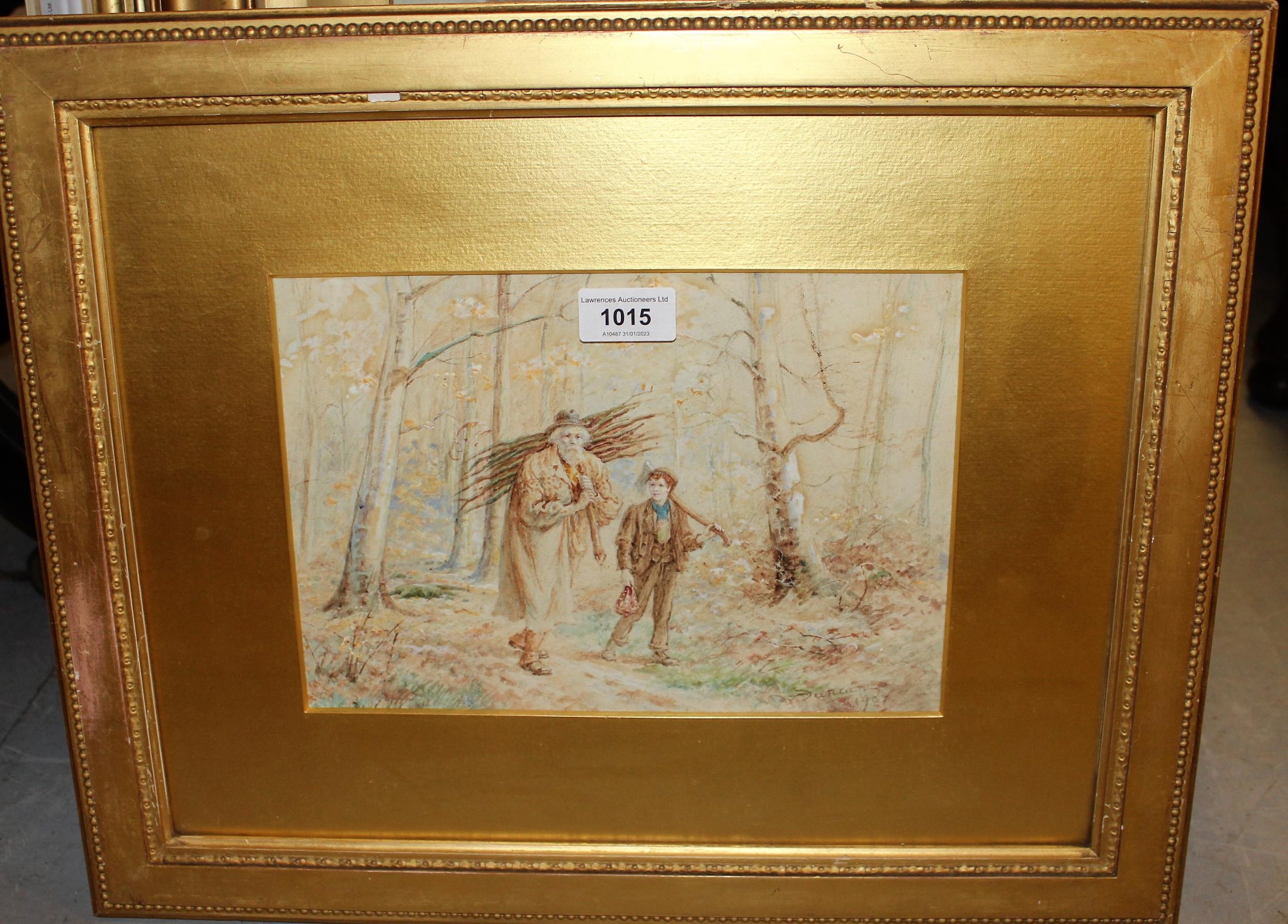 W. Duncan, watercolour, faggot gatherers in a woodland, signed and dated 1907, 18.5cms x 27cms, gilt - Image 2 of 6