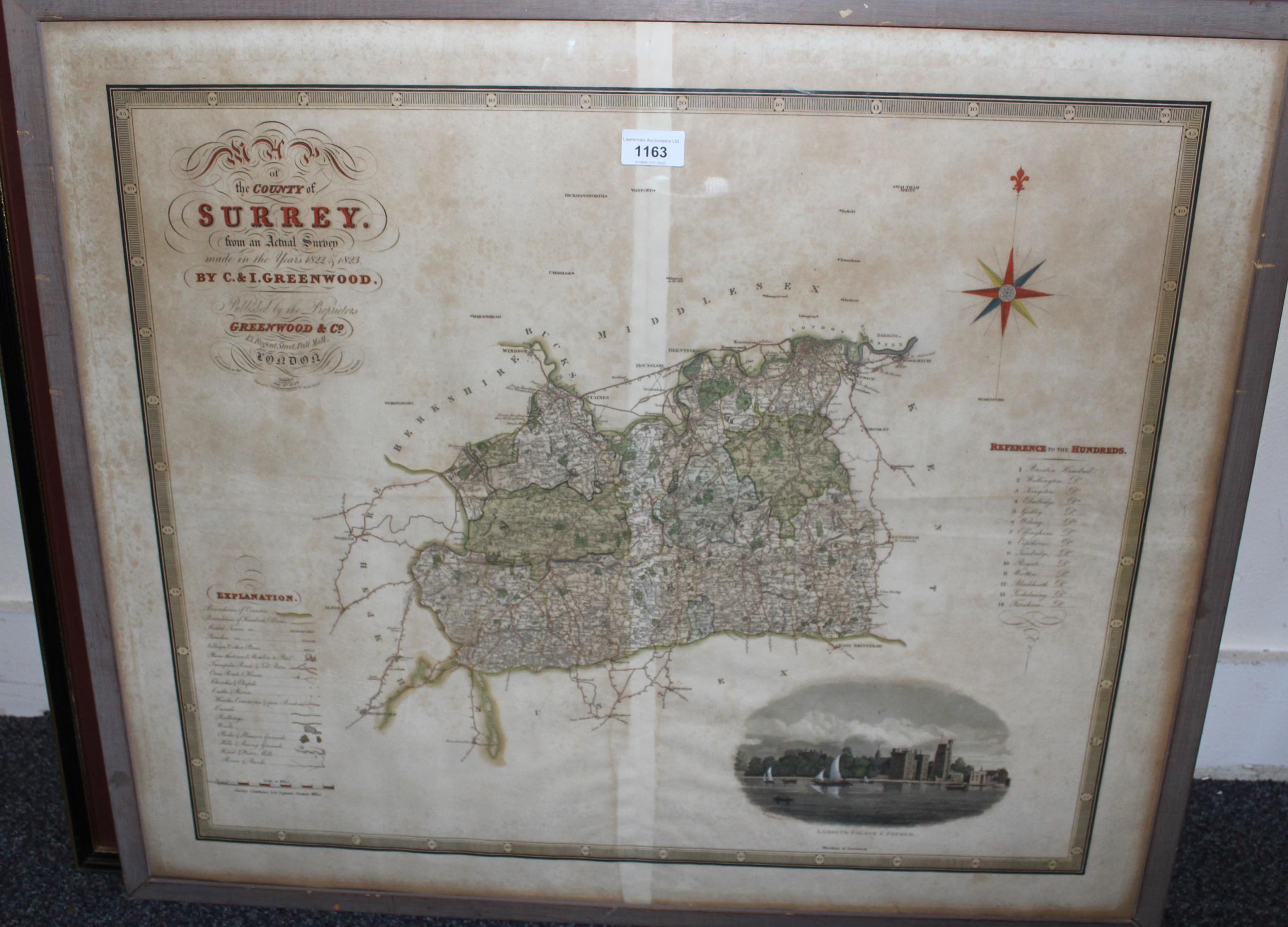 19th Century map of the County of Surrey, published July 4th 1829, 57cms x 68cms, a large framed