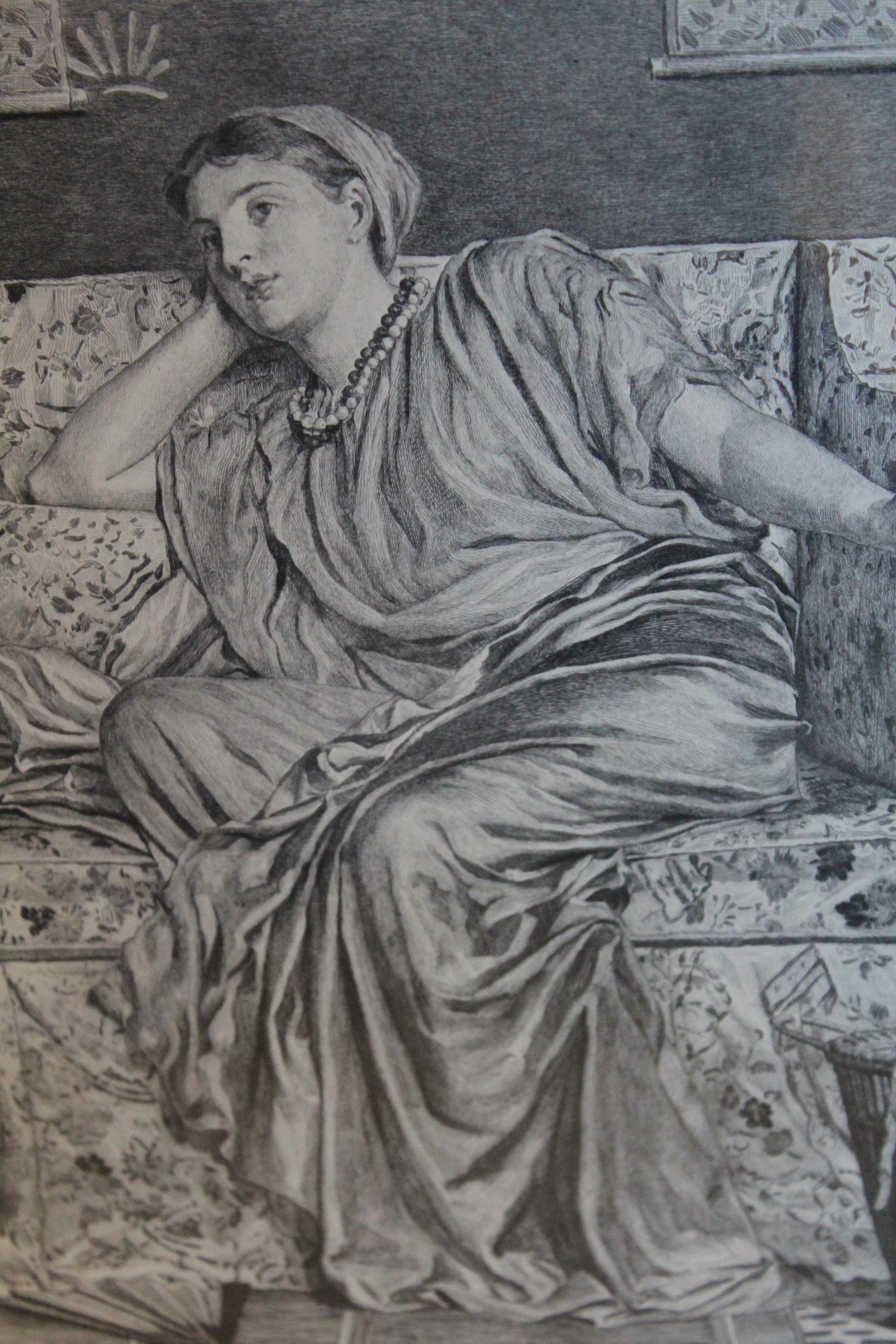 After Albert Joseph Moore, etching of a lady seated on a couch, artists symbol within the plate,