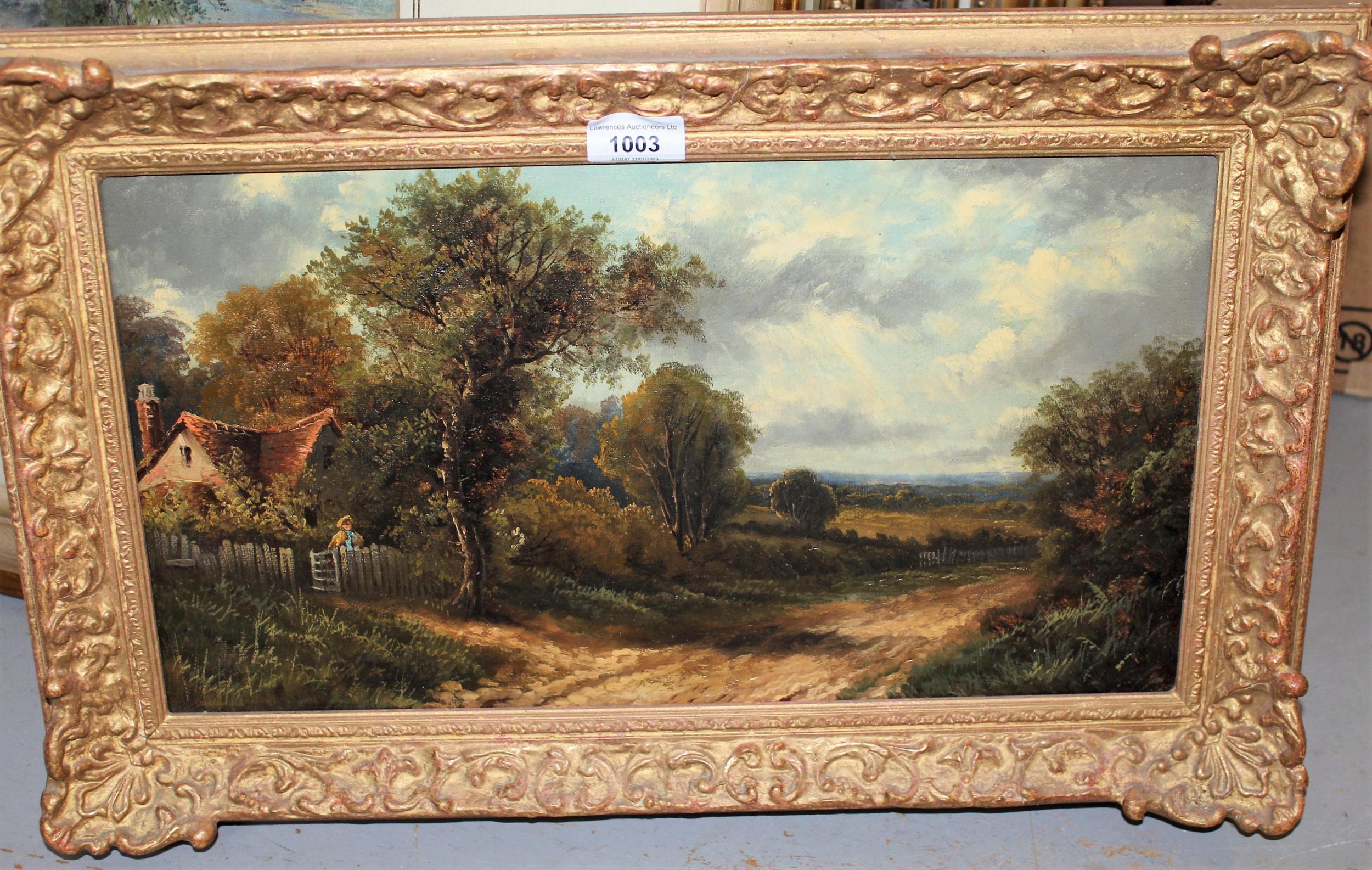 19th Century oil on canvas, rural scene with figure before a cottage, 25cms x 45.5cms, gilt framed - Image 2 of 2