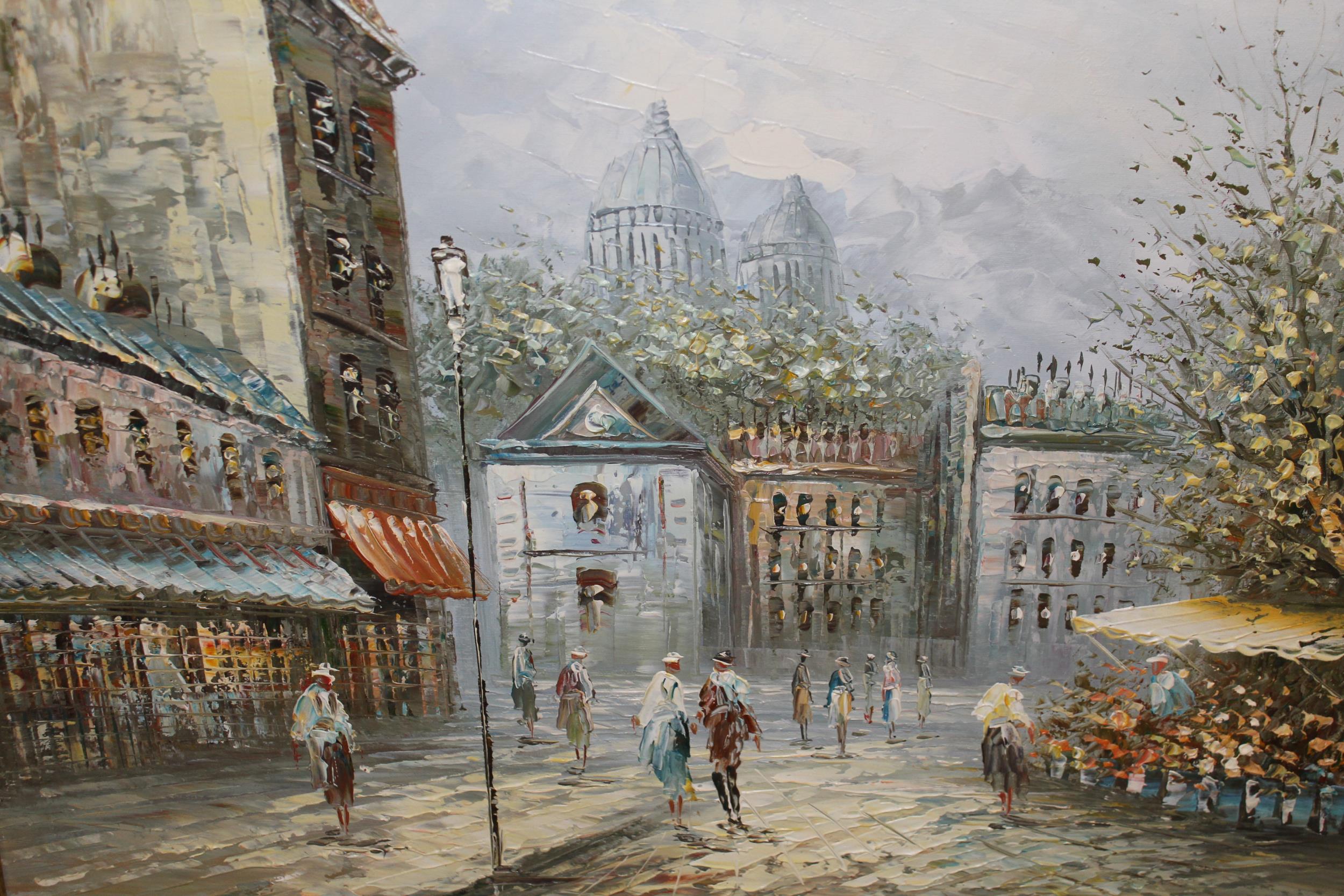 20th Century French oil on canvas, street scene with figures, indistinctly signed, gilt framed,