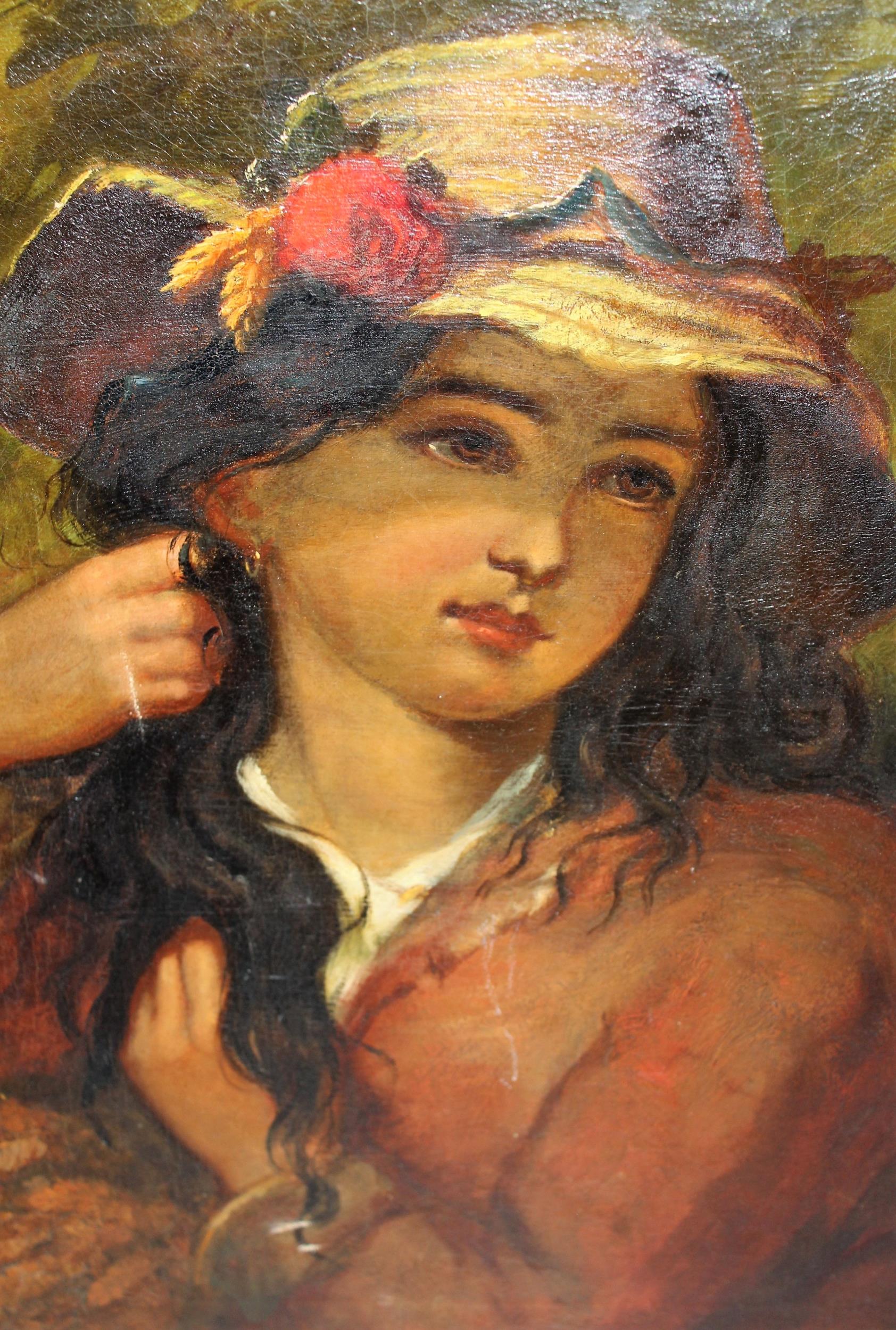 19th Century oil on canvas, portrait of a girl wearing a straw hat, signed with monogram, 58cms x